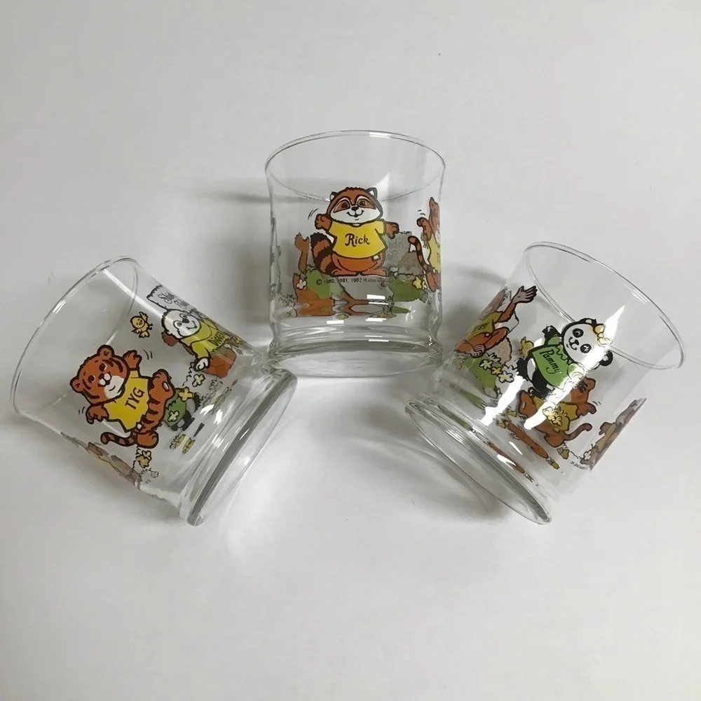 Shirt Tales Juice Glasses SET OF 3 Pammy Rick Tyg Cartoon ‘82 Hallmark Vintage